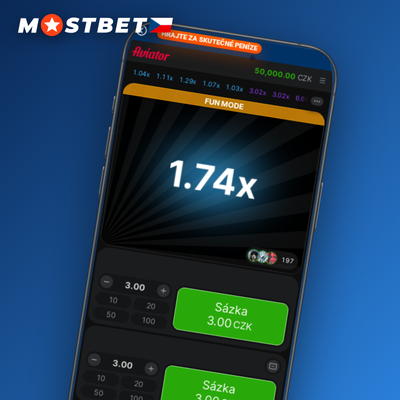 Crash hra Aviator v Mostbet aplikaci se stoupajícím multiplikátorem a červeným letadlem